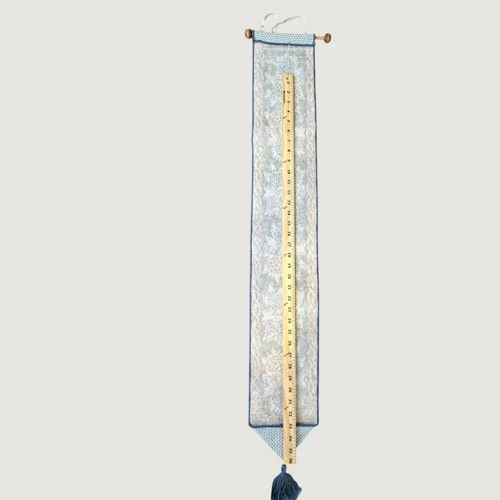 Floral Tapestry Wall Hanging Vertical Blue Tassel Wooden Dowel 48 in